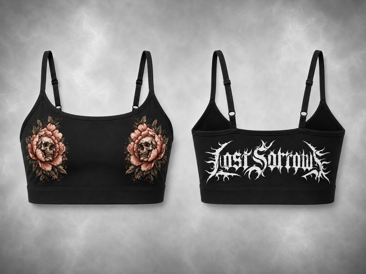 Peony Sports Bra - Deep Red colourway, front and back
