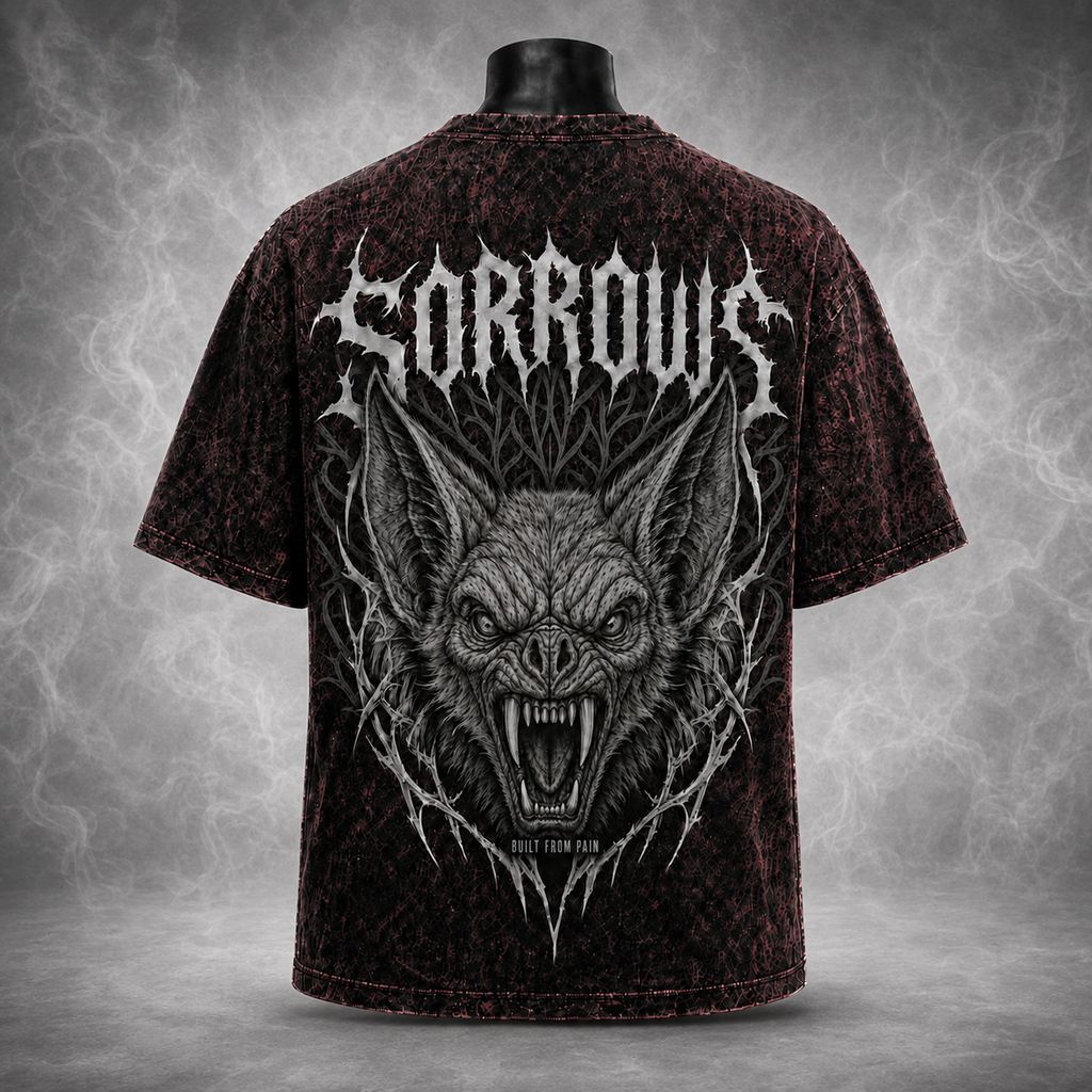 Sorrows Built From Pain Bat Berry Acid-Wash Tee