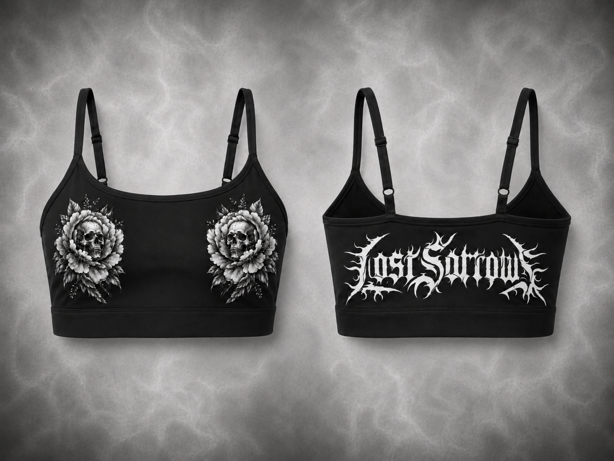 Peony Sports Bra - Grey/Black colourway, front and back